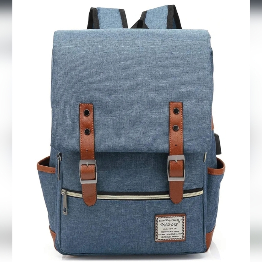 Stylish Blue and Brown Backpack Vintage Style NWOT